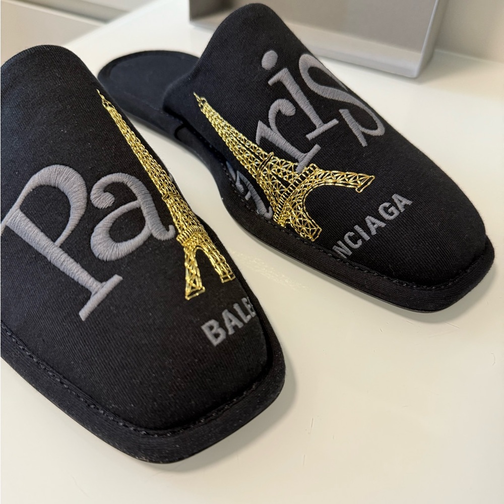 Balenciaga Black Slippers with Gold Eiffel Tower Embroidery